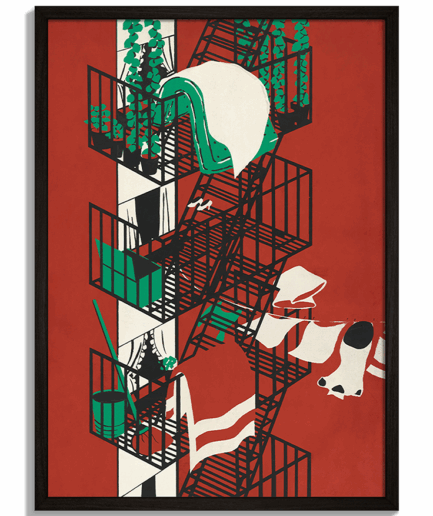 Vintage plagáty na stenu - Ilustrácia Ilse Salberg pre Harper’s Bazaar s požiarnym schodiskom a sušiacim sa prádlom na červenom pozadí - čierny rám - decorme.sk