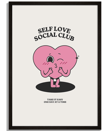 Pop-art grafiky pre moderný priestor - Retro ilustrácia ružového srdca s nápisom Self Love Social Club a Take It Easy - čierny rám - decorme.sk