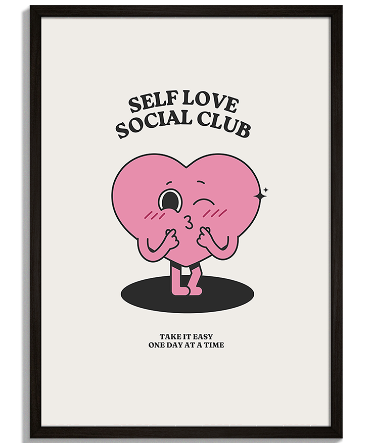 Self Love Social Club | Moderná Ilustrácia Pop-art grafiky pre moderný priestor - Retro ilustrácia ružového srdca s nápisom Self Love Social Club a Take It Easy - čierny rám - decorme.sk