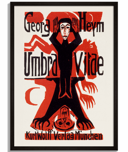 Vintage plagáty na stenu - Expresionistická ilustrácia v červenej a čiernej farbe na obálke knihy Umbra Vitae - čierny rám - decorme.sk