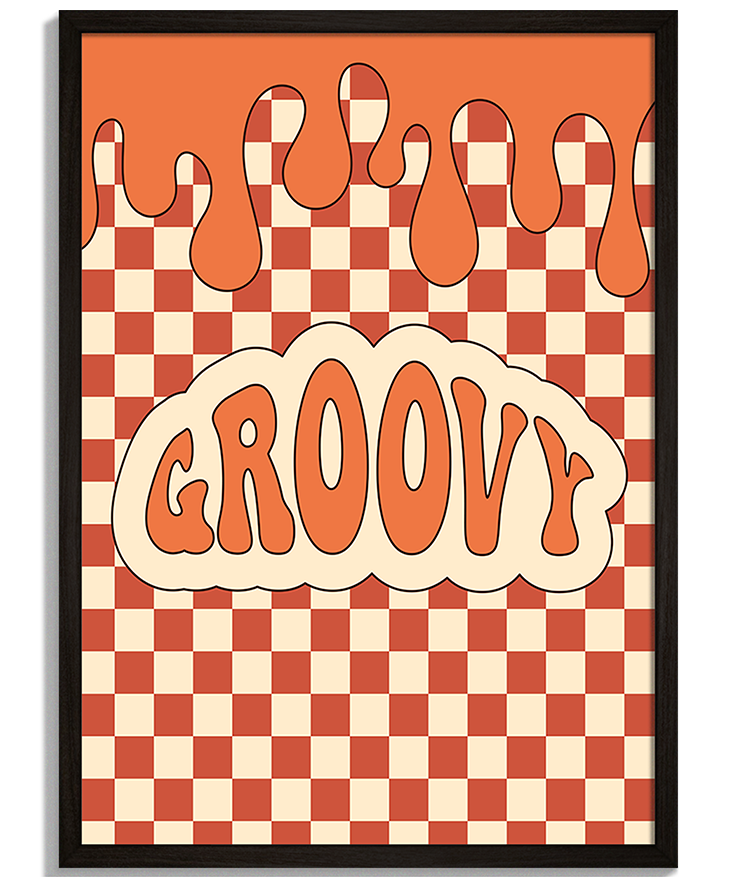 Groovy | Moderná Ilustrácia Pop-art grafiky pre moderný priestor - Retro ilustrácia s nápisom Groovy na oranžovej šachovnici s efektom stekania - čierny rám - decorme.sk