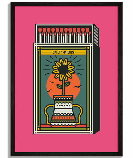 Pop-art grafiky pre moderný priestor - Retro ilustrácia zápalkovej krabičky so slnečnicou a nápisom Safety Matches na ružovom pozadí - čierny rám - decorme.sk