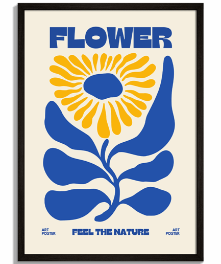 Moderné obrazy do obývačky v ráme - Ilustrácia modro-žltého kvetu v štýle Matisse s nápisom Feel the Nature - čierny rám - decorme.sk