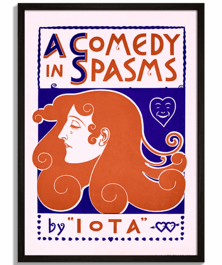 Vintage plagáty na stenu - Secesná ilustrácia profilu ženy s červenými vlasmi na modrom pozadí A Comedy in Spasms - čierny rám - decorme.sk