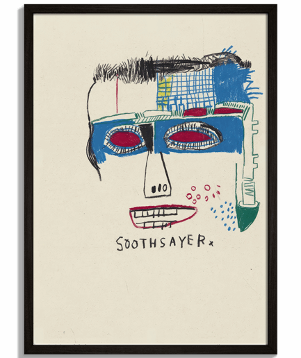 Reprodukcie slávnych maliarov na stenu - Expresívna tvár od Basquiata s nápisom Soothsayer - čierny rám - decorme.sk