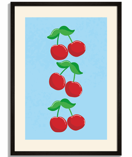 Pop-art grafiky pre moderný priestor - Ilustrácia troch párov červených čerešní na svetlomodrom pozadí - čierny rám - decorme.sk