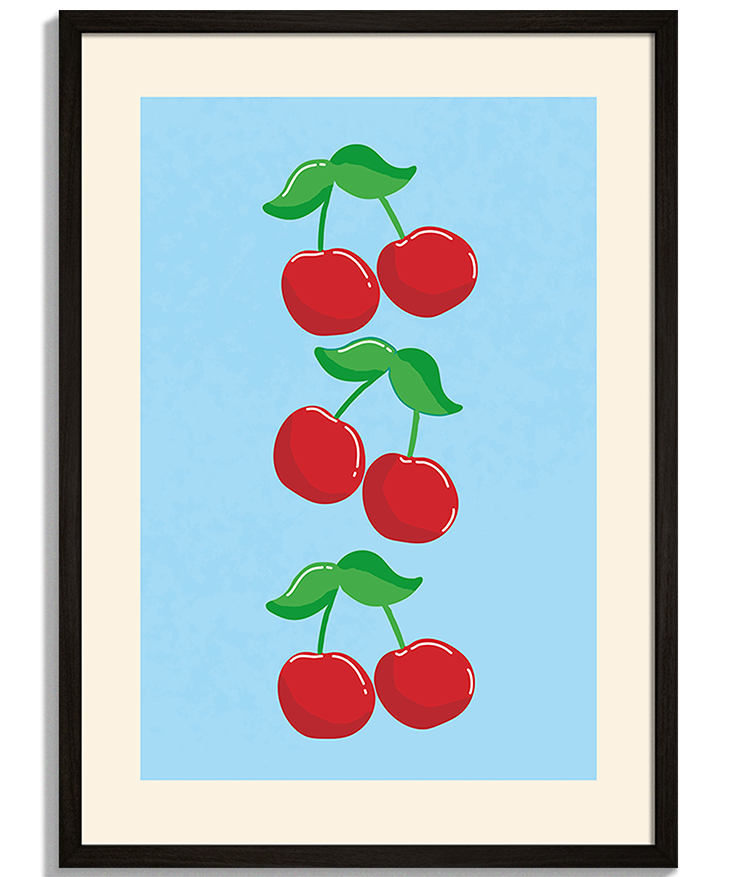 Triple Cherries | Moderná Ilustrácia Pop-art grafiky pre moderný priestor - Ilustrácia troch párov červených čerešní na svetlomodrom pozadí - čierny rám - decorme.sk