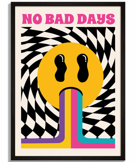 Pop-art grafiky pre moderný priestor - Retro žltý smajlík vracajúci dúhu na šachovnicovom pozadí s nápisom No Bad Days - čierny rám - decorme.sk