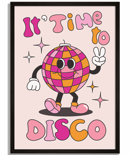 Pop-art grafiky pre moderný priestor - Retro ilustrácia chodiacej disco gule s nápisom It's Time to Disco - čierny rám - decorme.sk