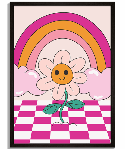 Pop-art grafiky pre moderný priestor - Retro ilustrácia usmiatej sedmokrásky s dúhou a ružovou šachovnicou - čierny rám - decorme.sk