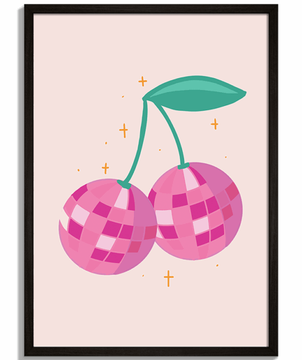 Pop-art grafiky pre moderný priestor - Ilustrácia ružových čerešní v tvare disco gule na krémovom pozadí - čierny rám - decorme.sk