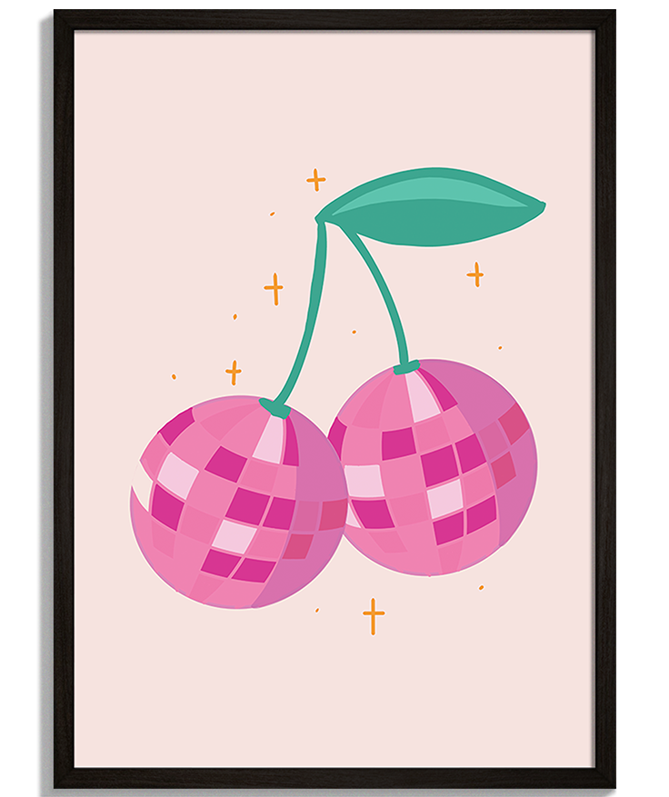 Disco Cherries | Moderná Ilustrácia Pop-art grafiky pre moderný priestor - Ilustrácia ružových čerešní v tvare disco gule na krémovom pozadí - čierny rám - decorme.sk