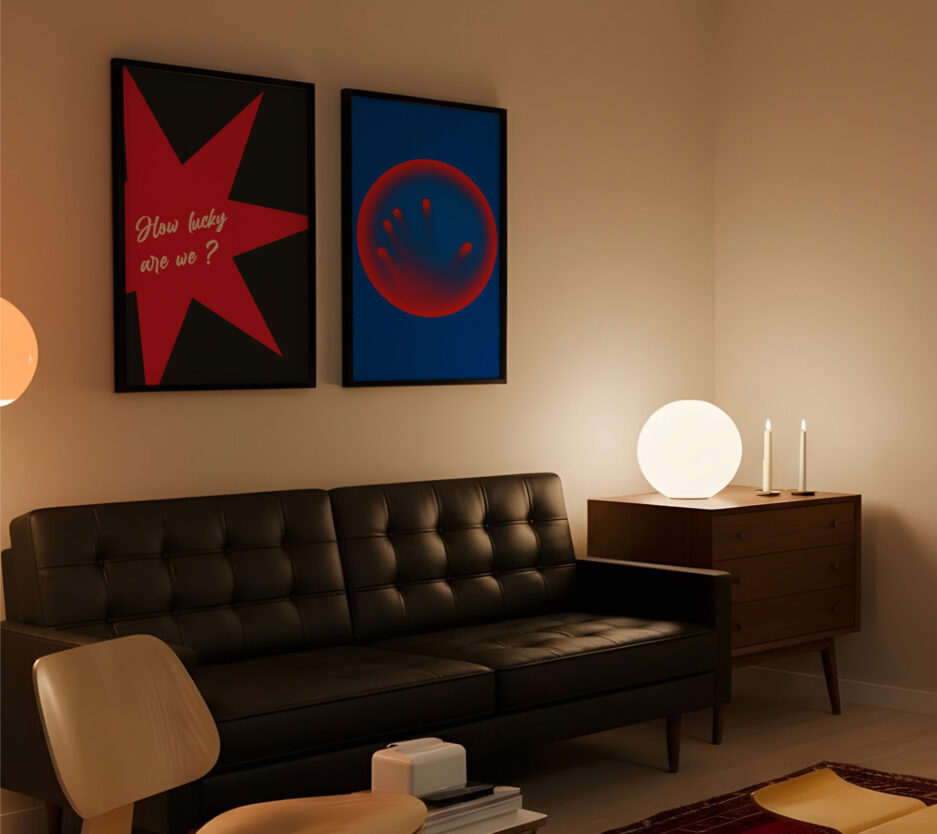 Elegantný obývací priestor s moderným nábytkom a dekoráciami od DecorMe, ideálny pre útulné večery, s vkusnými umeleckými dielami a teplým osvetlením, vytvára harmonickú atmosféru.