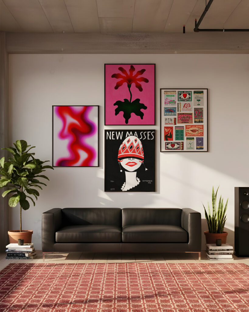 1. Moderná galéria s farebnými art printmi na bielej stene, minimalistická čierna pohovka, rastliny a štýlové dekorácie pre elegantný interiér.