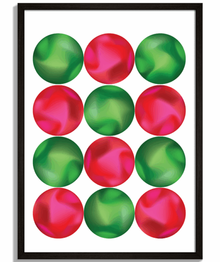 Farebné abstrakcie pre oživenie interiéru - Geometrické usporiadanie lesklých zelených a ružových kruhov - čierny rám - decorme.sk