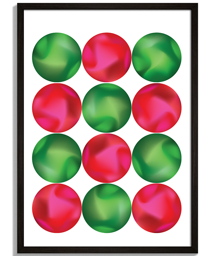 Glassy | Moderná Grafika Farebné abstrakcie pre oživenie interiéru - Geometrické usporiadanie lesklých zelených a ružových kruhov - čierny rám - decorme.sk