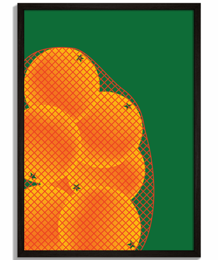 Pop-art grafiky pre moderný priestor - Ilustrácia mandarínok v červenej sieťke na zelenom pozadí - čierny rám - decorme.sk