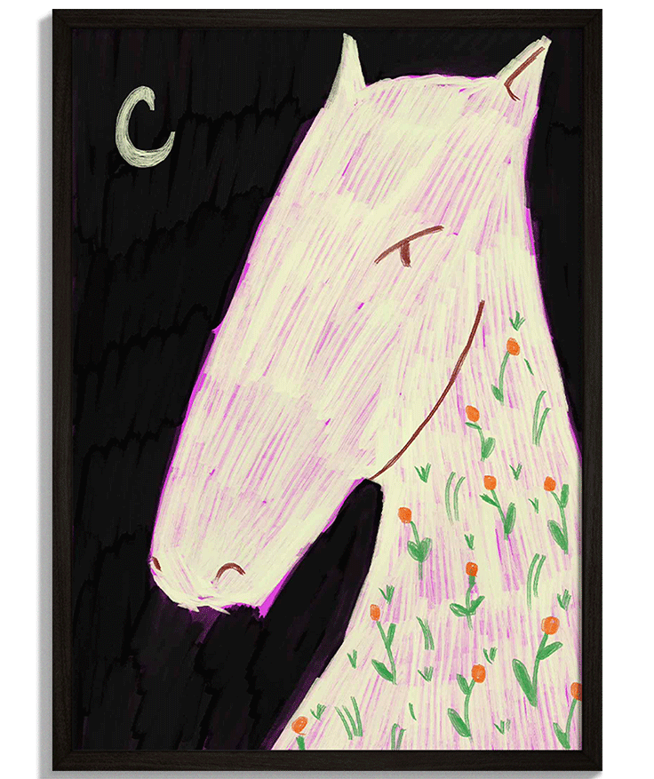 Sleepy Horse | Moderná Ilustrácia Moderné nástenné dekorácie decorme - Ilustrácia spiaceho koňa s kvetmi a mesiacom na čiernom pozadí - čierny rám - decorme.sk
