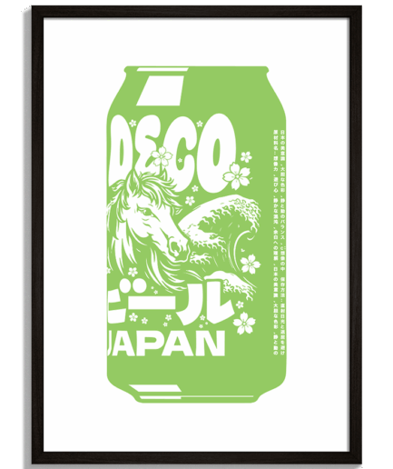 Pop-art grafiky pre moderný priestor - Ilustrácia zelenej plechovky Deco Beer s japonskými motívmi - čierny rám - decorme.sk