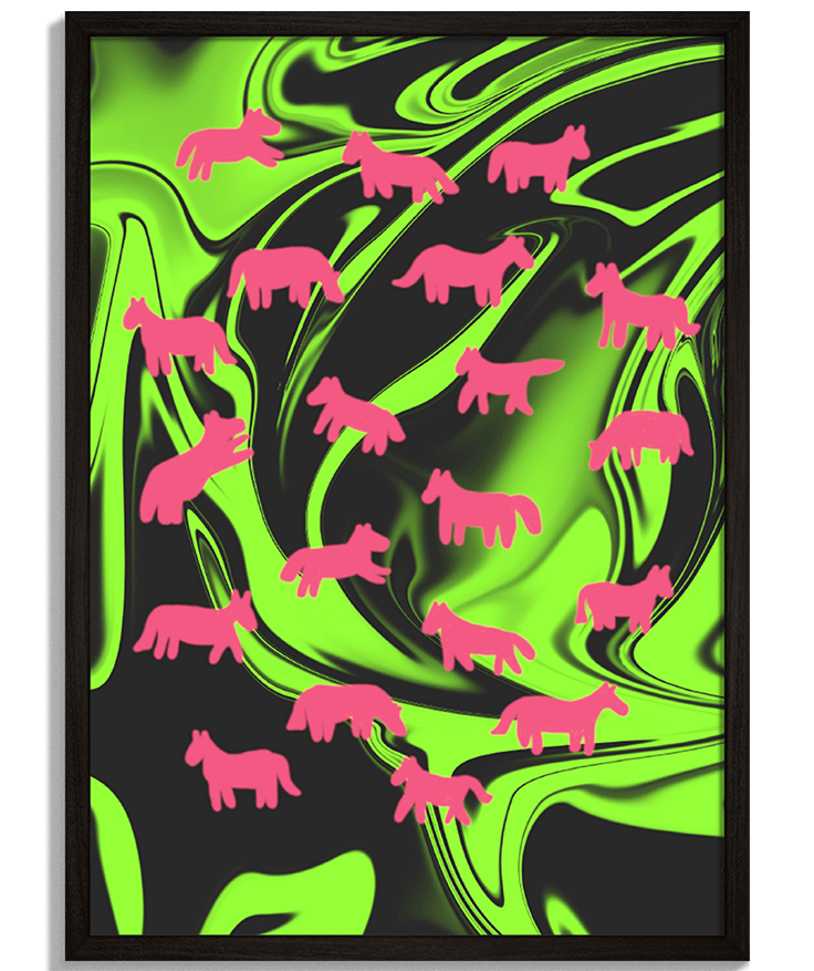 Acid Pasture | Moderná Grafika Farebné abstrakcie pre oživenie interiéru - Psychedelické neónovo zelené pozadie s ružovými siluetami koní - čierny rám - decorme.sk