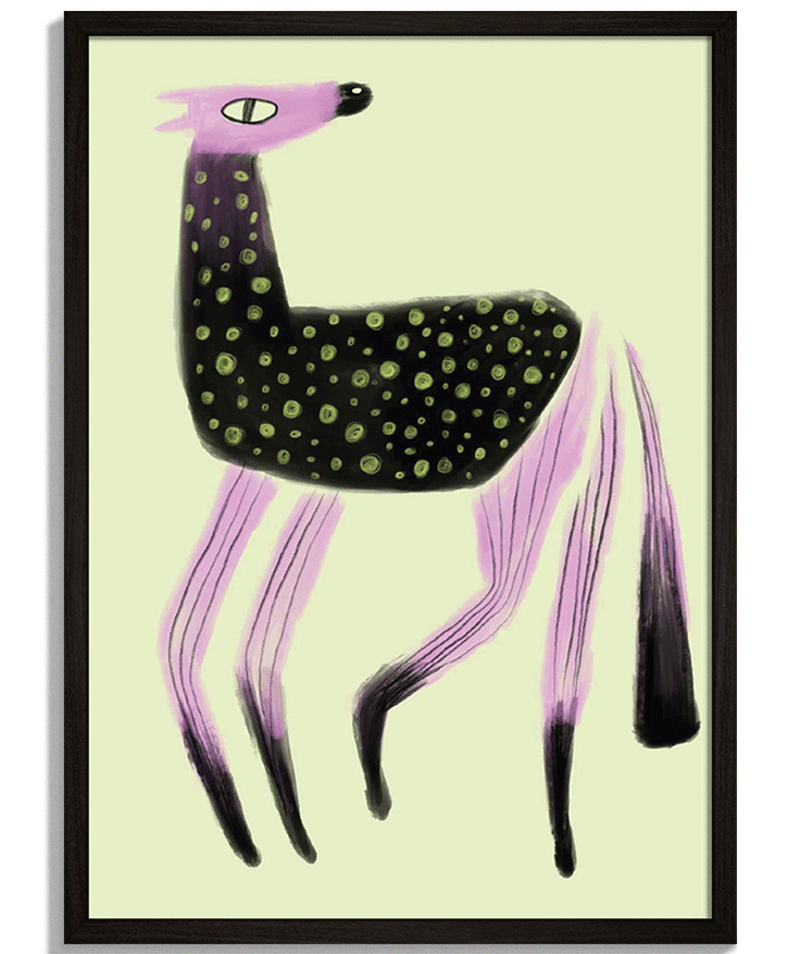 Eye On You | Moderná Ilustrácia Autorské printy od lokálnych umelcov - Ilustrácia fialovo-čierneho zvieraťa so zelenými bodkami Eye On You - čierny rám - decorme.sk