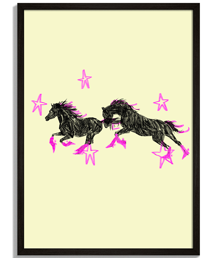 Pink Gallop | Moderná Ilustrácia Moderné nástenné dekorácie decorme - Ilustrácia dvoch čiernych bežiacich koní s ružovými hviezdami - čierny rám - decorme.sk