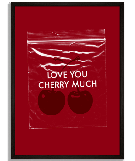 Moderné obrazy na stenu - Červený plagát s čerešňami v sáčku a nápisom Love You Cherry Much - čierny rám - decorme.sk