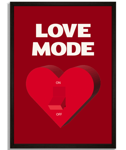 Moderné obrazy na stenu - Grafický plagát s červeným srdcom ako vypínačom Love Mode na červenom pozadí - čierny rám - decorme.sk