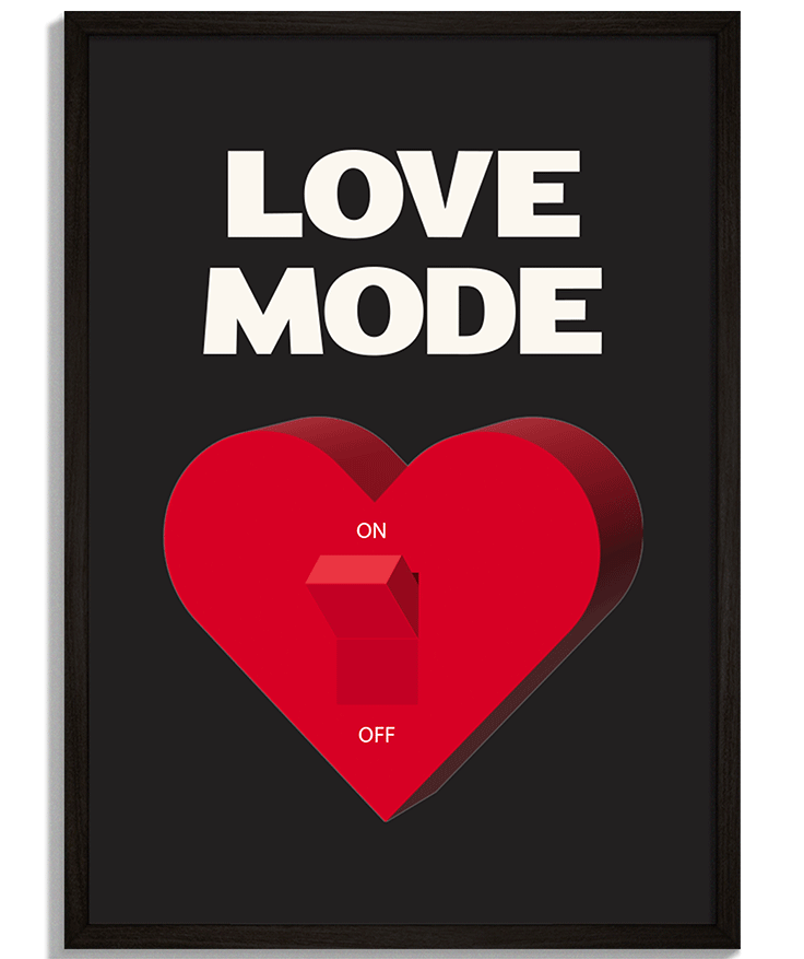 Love Mode: ON | Moderná Grafika Moderné obrazy na stenu - Grafický plagát s červeným srdcom ako vypínačom Love Mode - čierny rám - decorme.sk